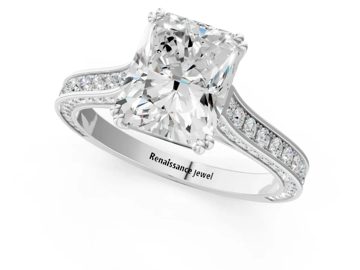 Radiant Cut Diamond Solitaire with Pave Band and Six-Prong Setting Platinum