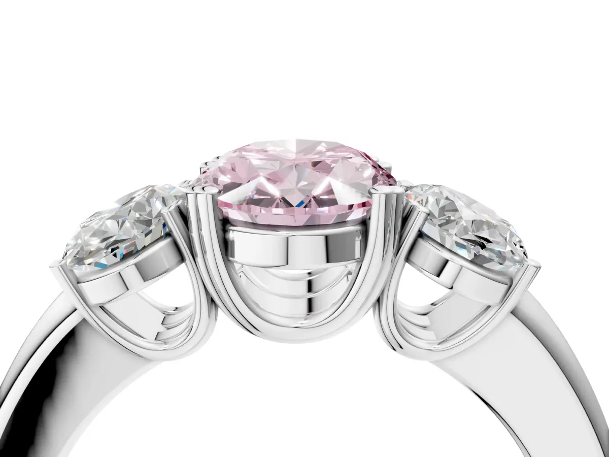 Fancy Pink Three-Stone Oval Cut Cut Diamond Ring with Channel Set Band and Four-Prong Setting Silver