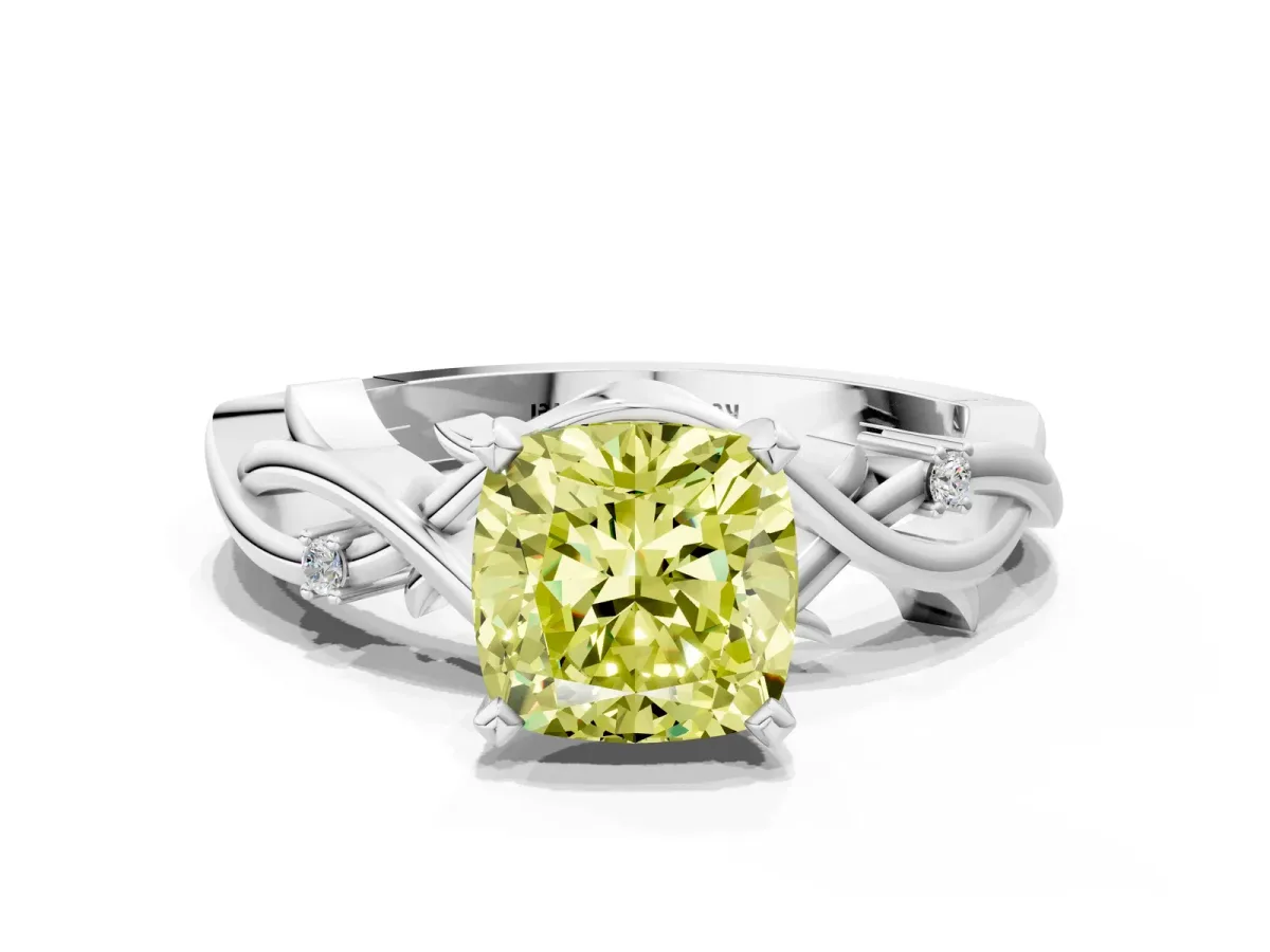 Fancy Yellow Cushion Cut Diamond Solitaire Ring with Twisted Band and Prong Setting Silver