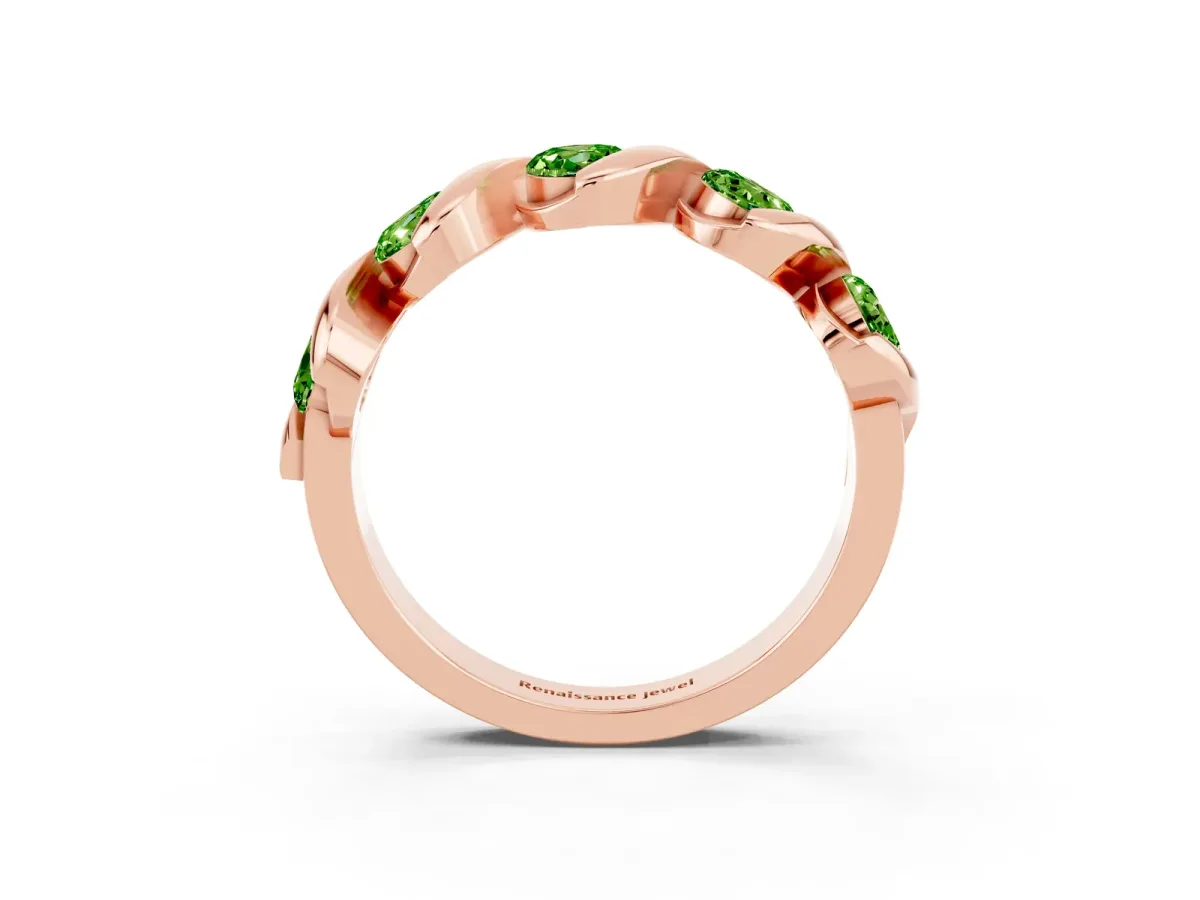 Round Peridot Wave Band with Channel Setting and Shared Prongs Rose gold