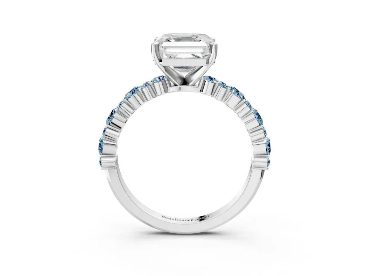 Asscher Cut Diamond Side Stone Solitaire Ring with Round Aquamarine and Four-Prong Setting Silver