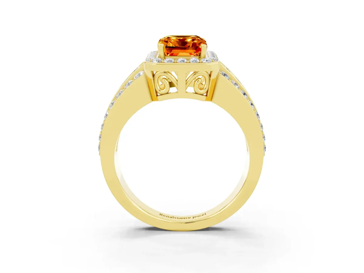 Emerald Cut Halo Citrine Ring with Round Split Shank and Prong Setting Yellow gold