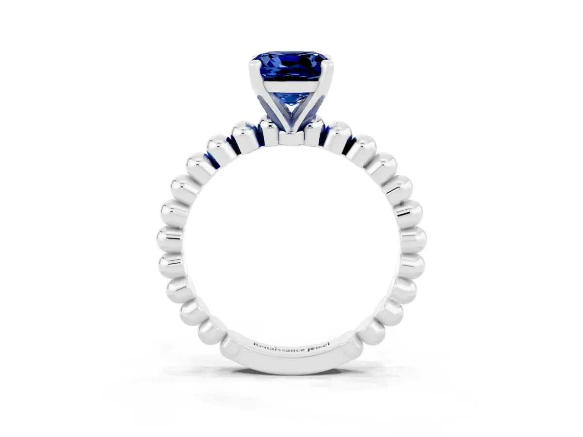 Cushion Cut Blue Sapphire Solitaire Ring with Beaded Band and Prong Setting Silver