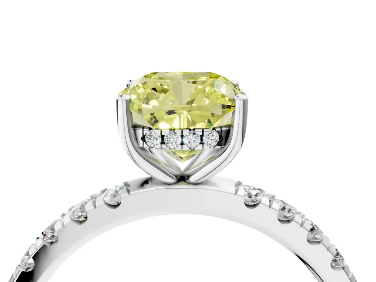 Fancy Yellow Cushion Cut Diamond Pave Band Solitaire Ring with Round and Prong Setting Silver