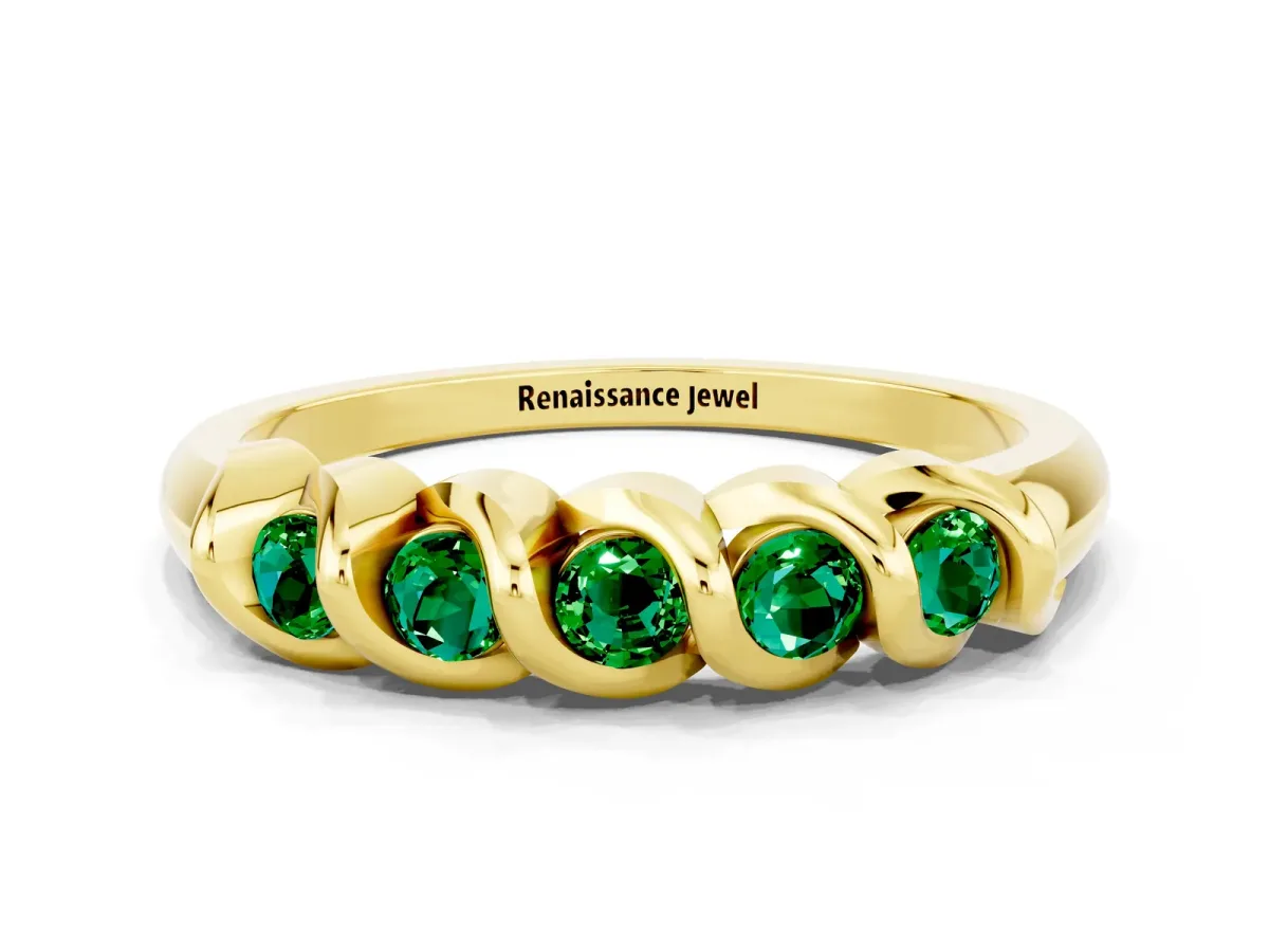 Round Emerald Eternity Band with Twist Prong Setting Yellow gold