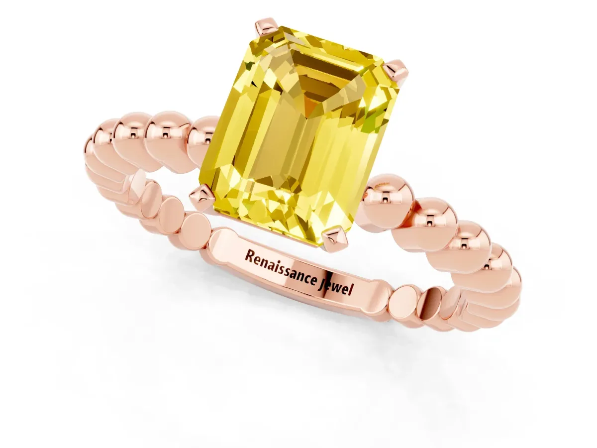 Emerald Cut Yellow Sapphire Solitaire Ring with Beaded Band and Prong Setting Rose gold