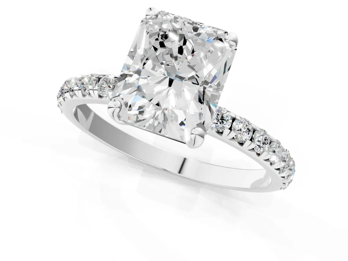Radiant Cut Cut Diamond Solitaire Ring with Micro Pave Band and Four Prong Setting Platinum