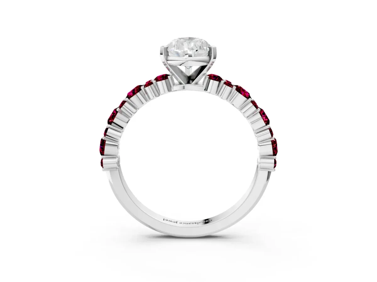 Pear Cut Diamond Side Stone Solitaire Ring with Round Garnet and Four-Prong Setting White gold