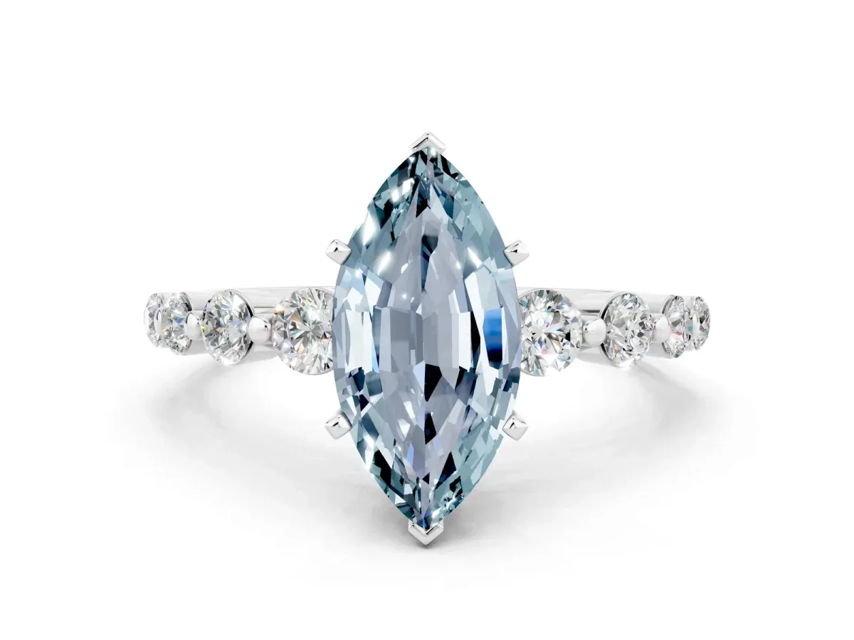 Marquise Cut Solitaire Aquamarine Ring with Pave Band and Four-Prong Setting Silver