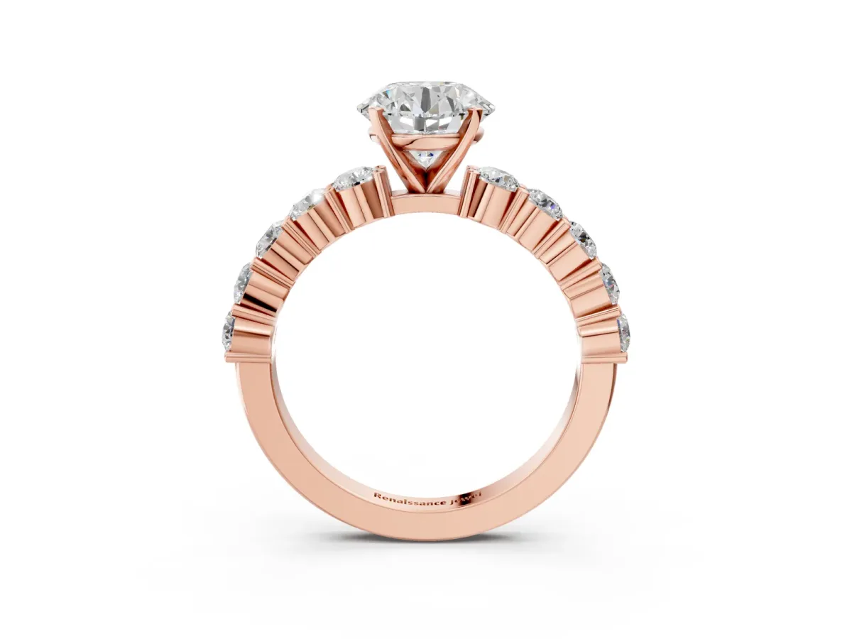 Round Cut Diamond Solitaire Ring with Shared Prong Round Side Stones Rose gold