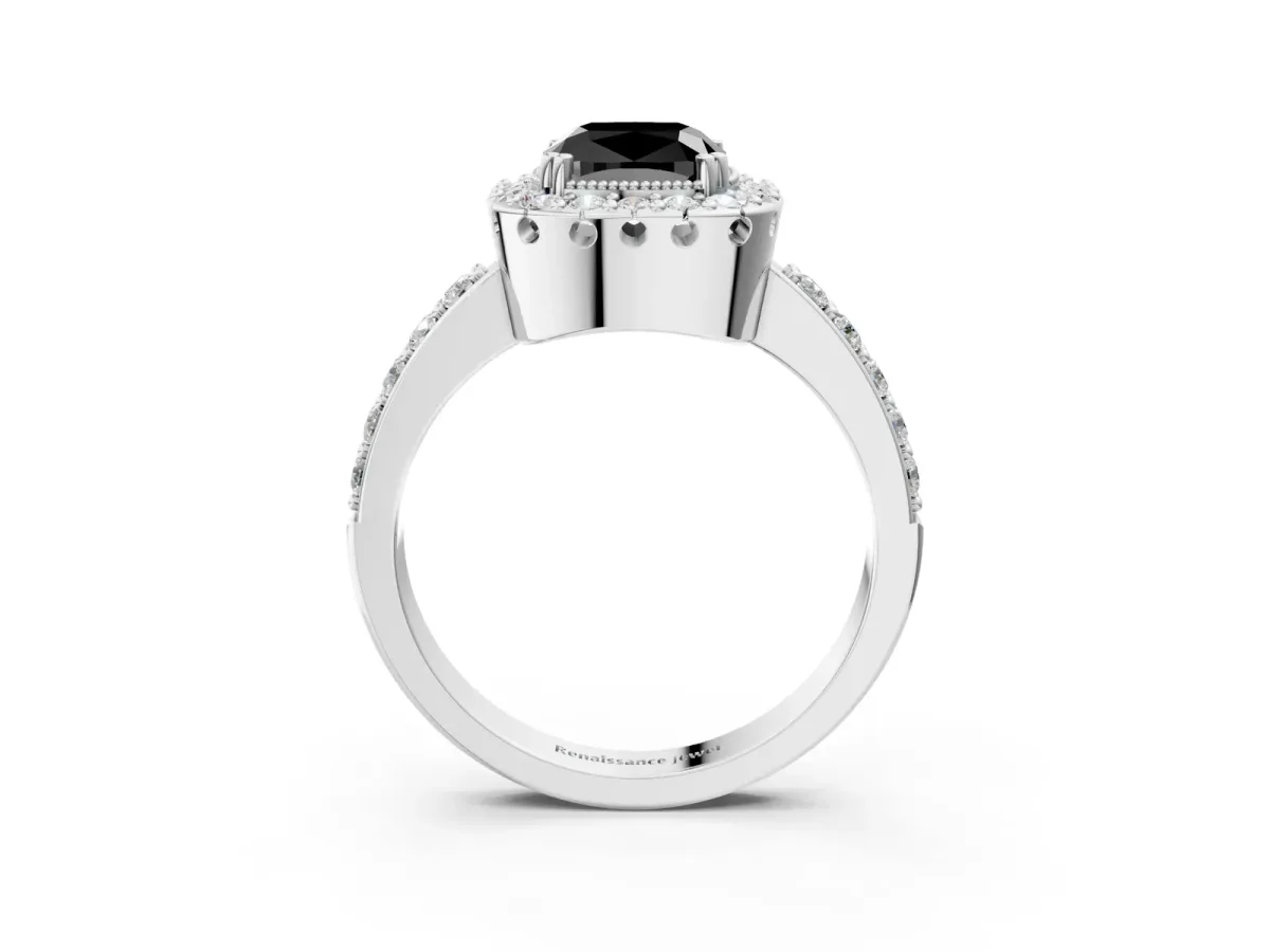 Fancy Black Cushion Cut Diamond Halo Ring with Pavé Band and Prong Setting Silver