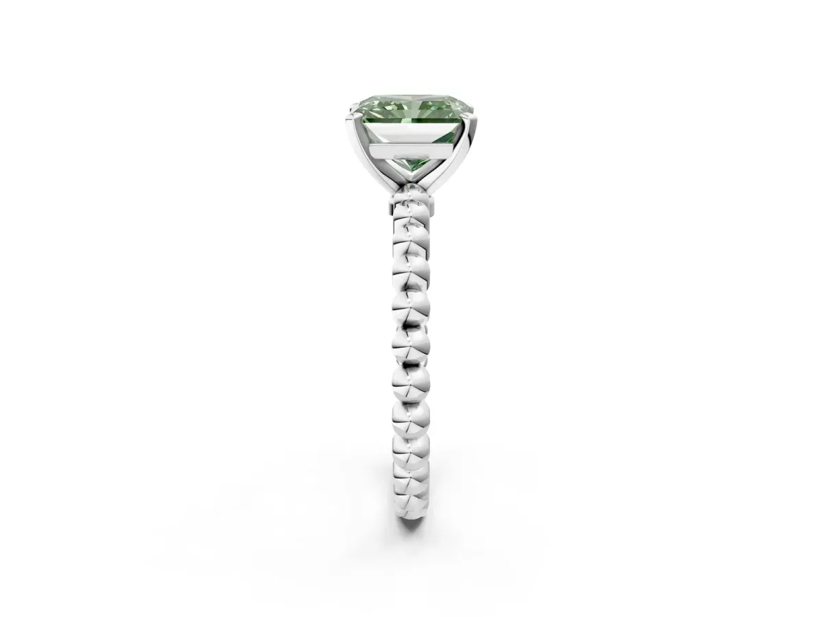 Fancy Green Radiant Cut Diamond Solitaire Ring with Beaded Band and Prong Setting Platinum