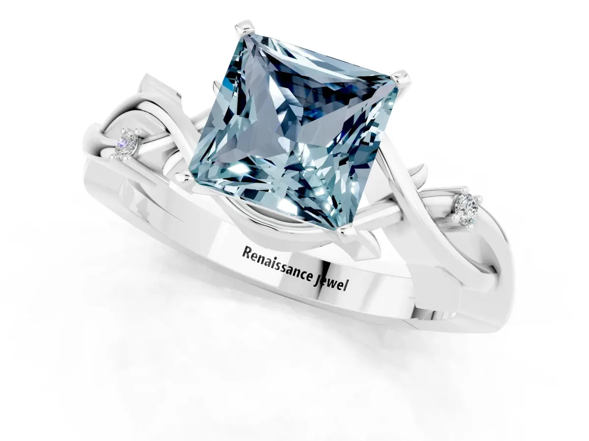 Princess Cut Aquamarine Solitaire Ring with Twisted Band and Prong Setting Silver