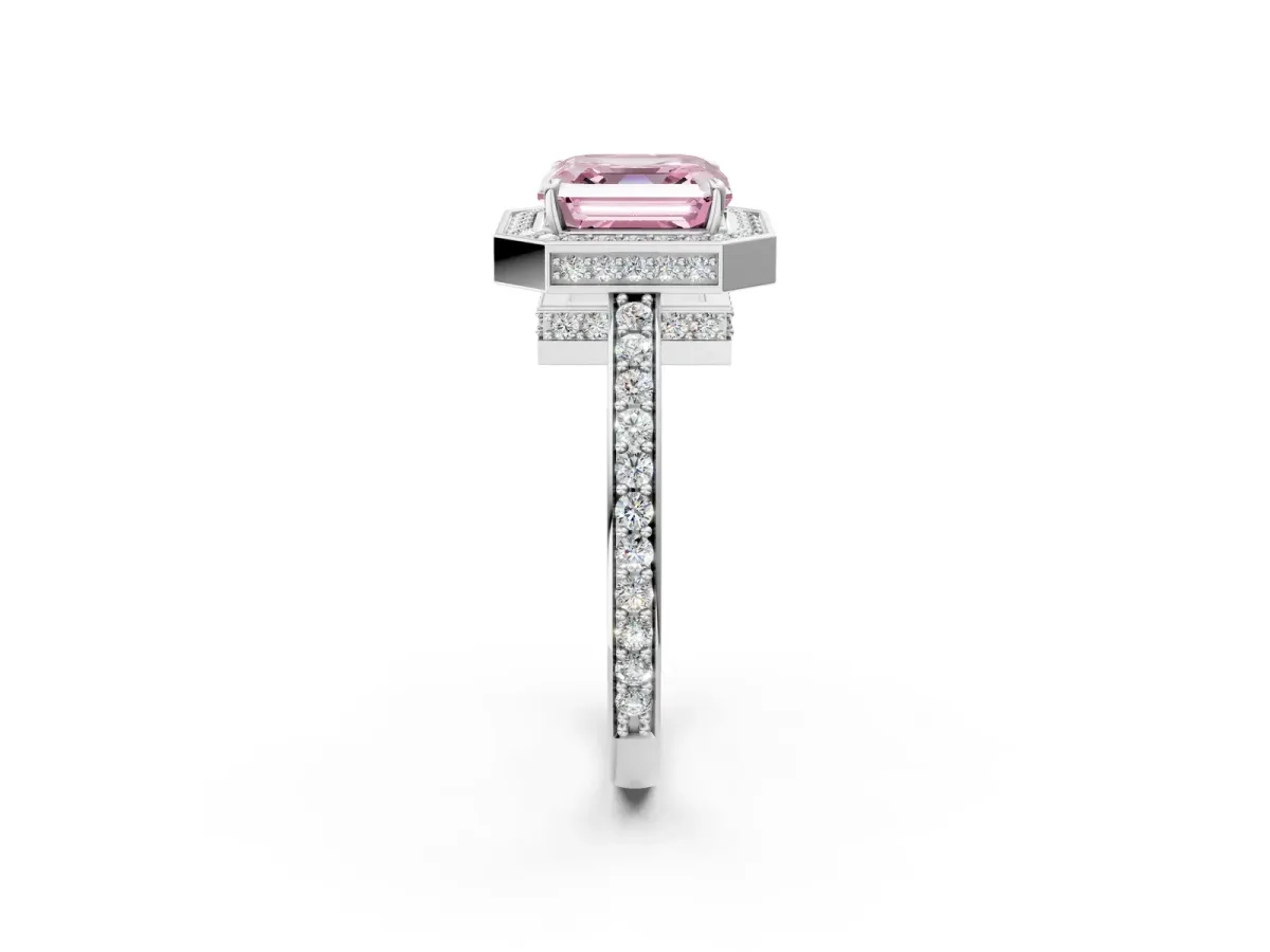 Fancy Pink Asscher Cut Halo Pave Band Solitaire Ring with Prong Setting Platinum