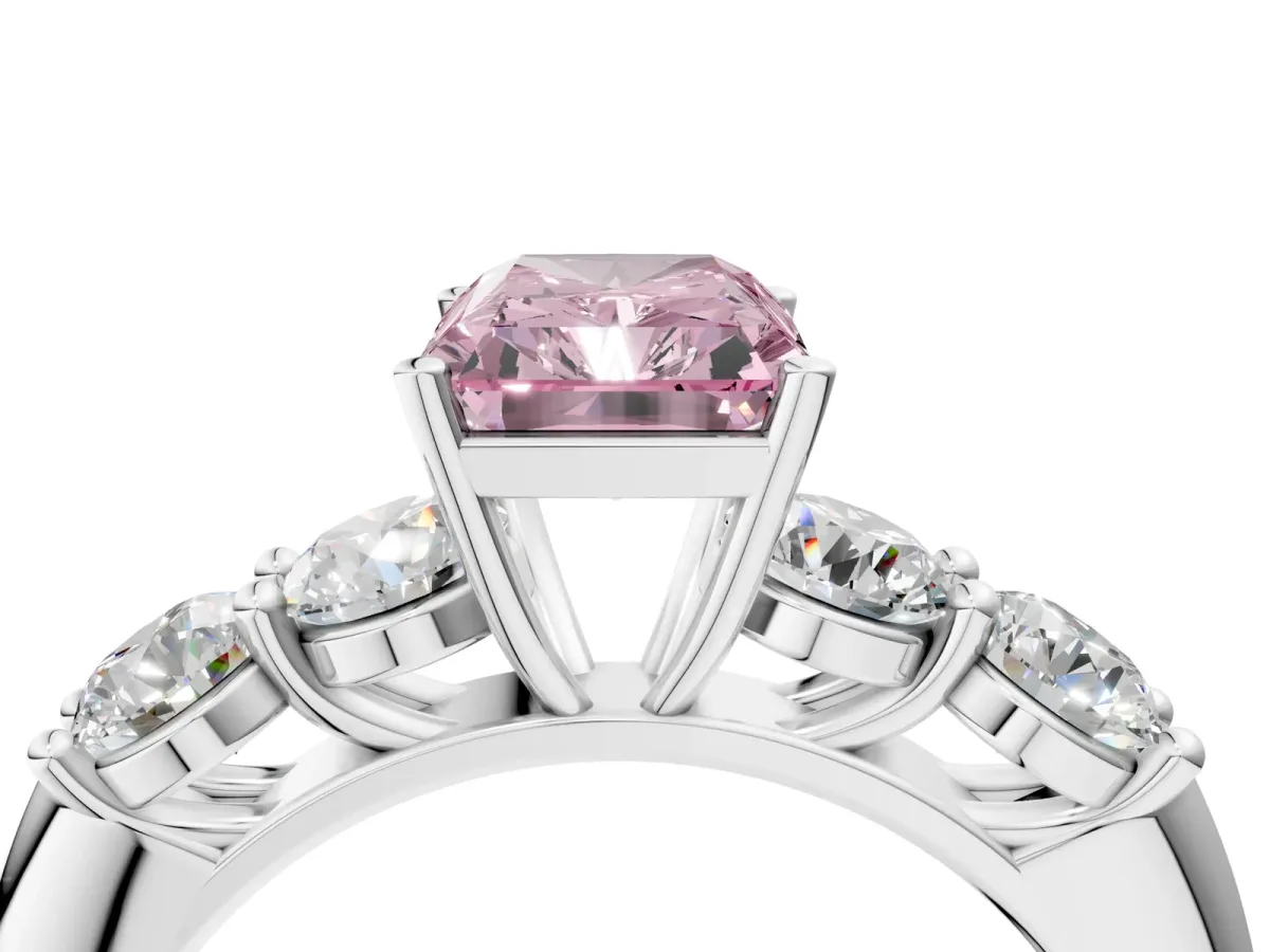 Fancy Pink Radiant Cut Cut Five-Stone Prong Set Diamond Ring with Classic Band Platinum