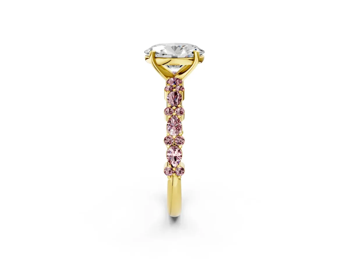 Oval Cut Diamond Side Stone Solitaire Ring with Round Morganite and Four-Prong Setting Yellow gold