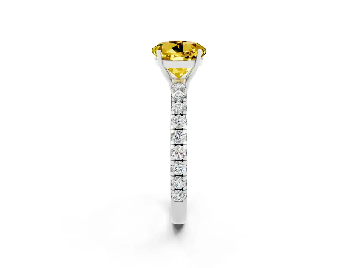 Round Cut Yellow Sapphire Pavé Solitaire Engagement Ring with Four-Prong Setting Silver