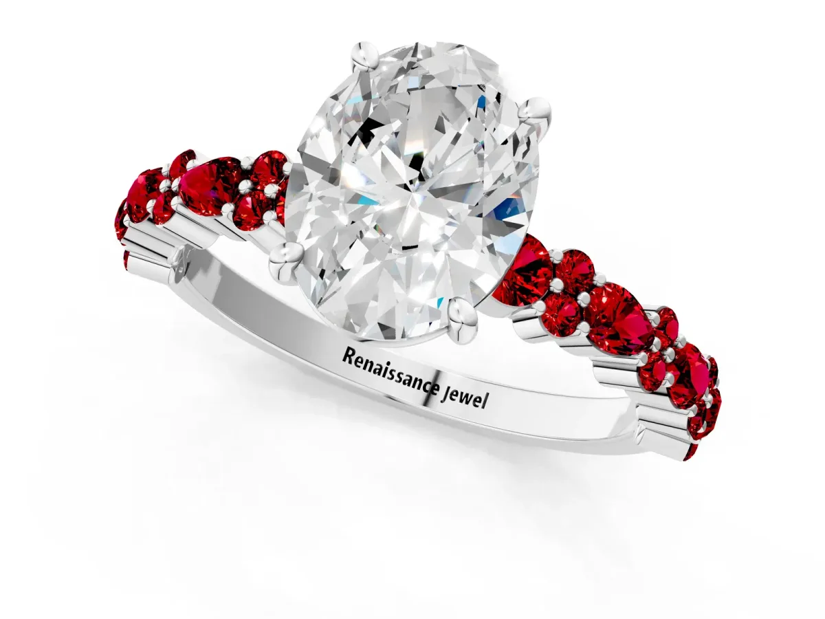 Oval Cut Diamond Side Stone Solitaire Ring with Round Ruby and Four-Prong Setting White gold