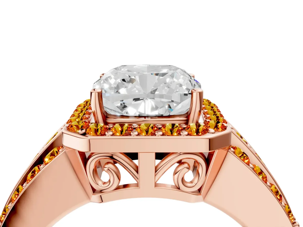 Cushion Cut Halo Diamond Ring with Round Citrine Split Shank and Prong Setting Rose gold