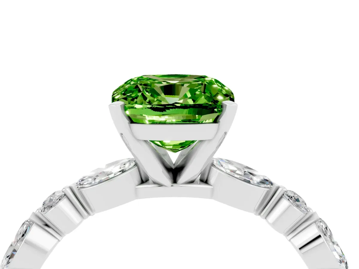 Cushion Cut Peridot Ring with Marquise and Round Side Stones and Four-Prong Setting Silver