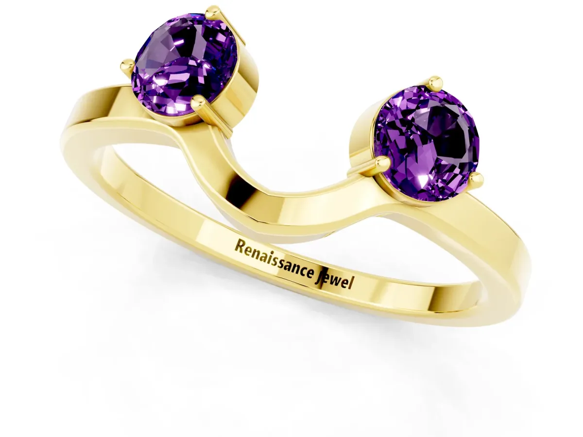 Dual Round Amethyst Open Band Ring with Prong Setting Yellow gold