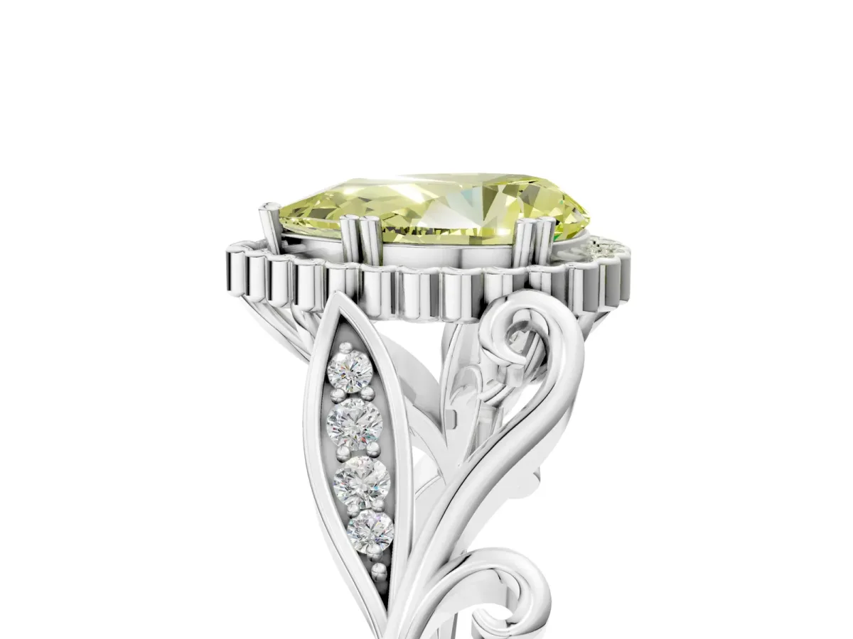 Fancy Yellow Pear Cut Diamond Halo Ring with Vintage Split Shank and Four-Prong Setting Platinum