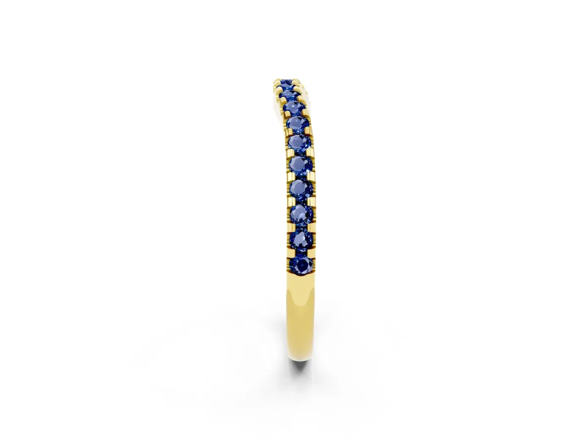 Round Blue Sapphire Pavé Curved Wedding Band Yellow gold