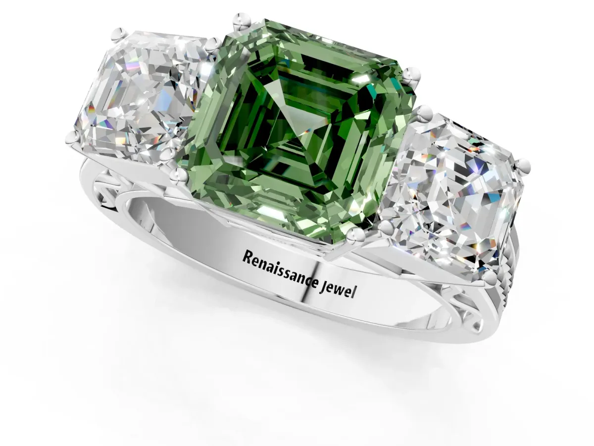 Fancy Green Asscher Cut Diamond Three-Stone Ring with Prong Setting and Textured Band Platinum