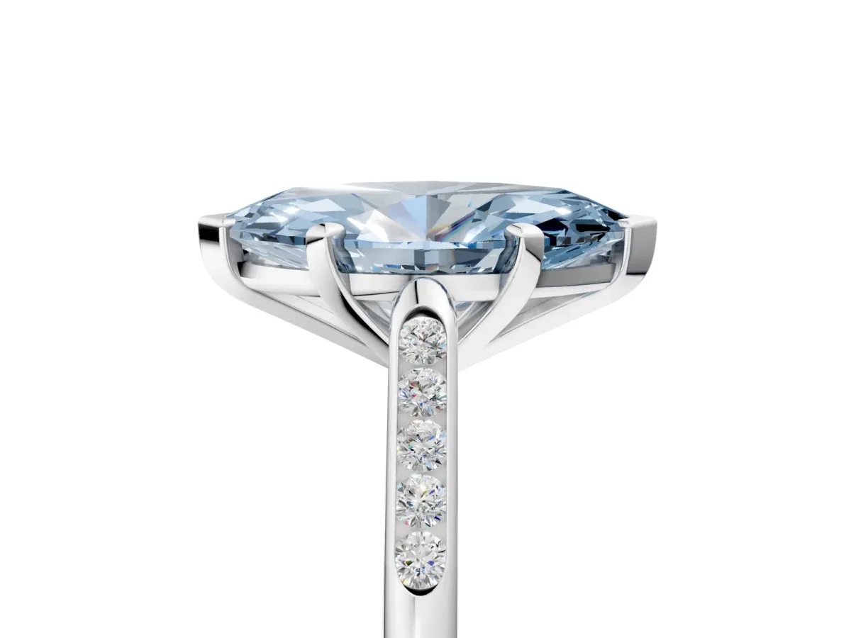 Fancy Blue Marquise Cut Diamond Solitaire Ring with Channel Set Round Band and Prong Setting Silver