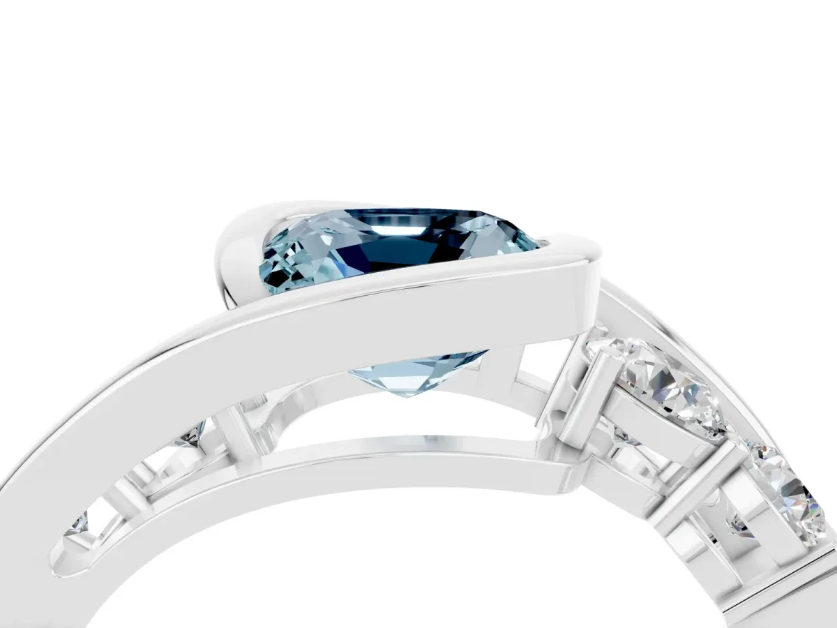 Bezel Set Cushion Cut Aquamarine Bypass Ring with Round Accents Silver