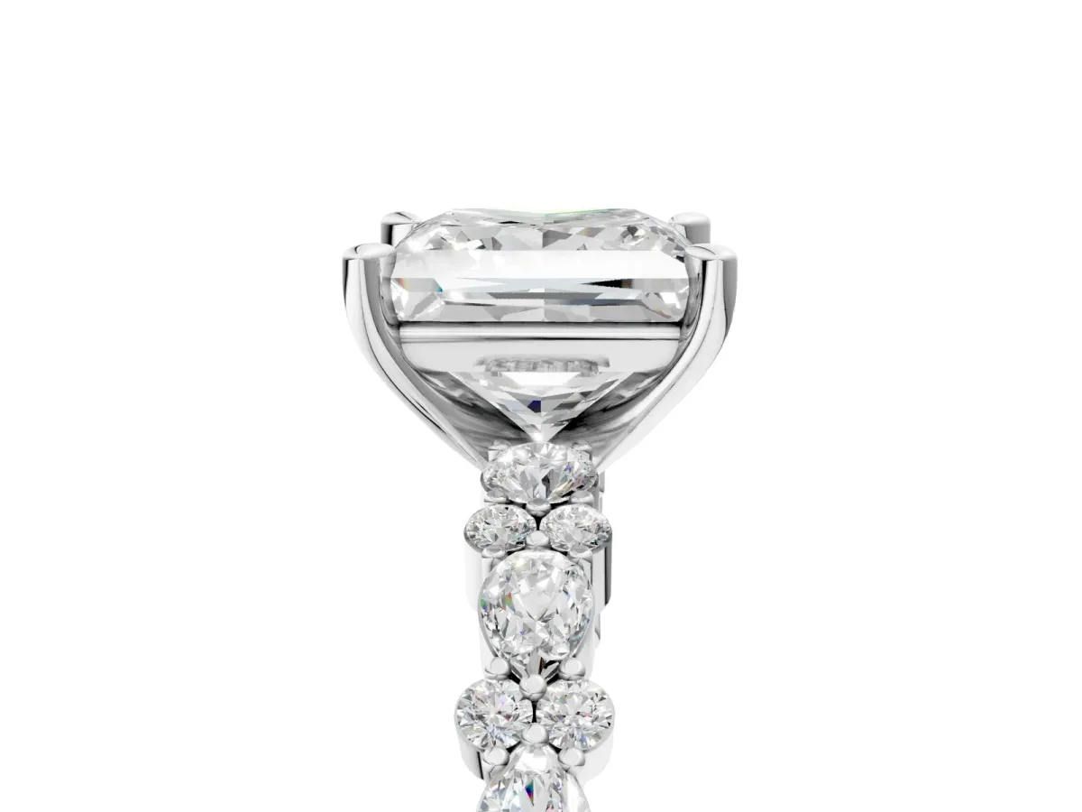 Princess Cut Diamond Side Stone Solitaire Ring with Round Moissanite and Four-Prong Setting Silver