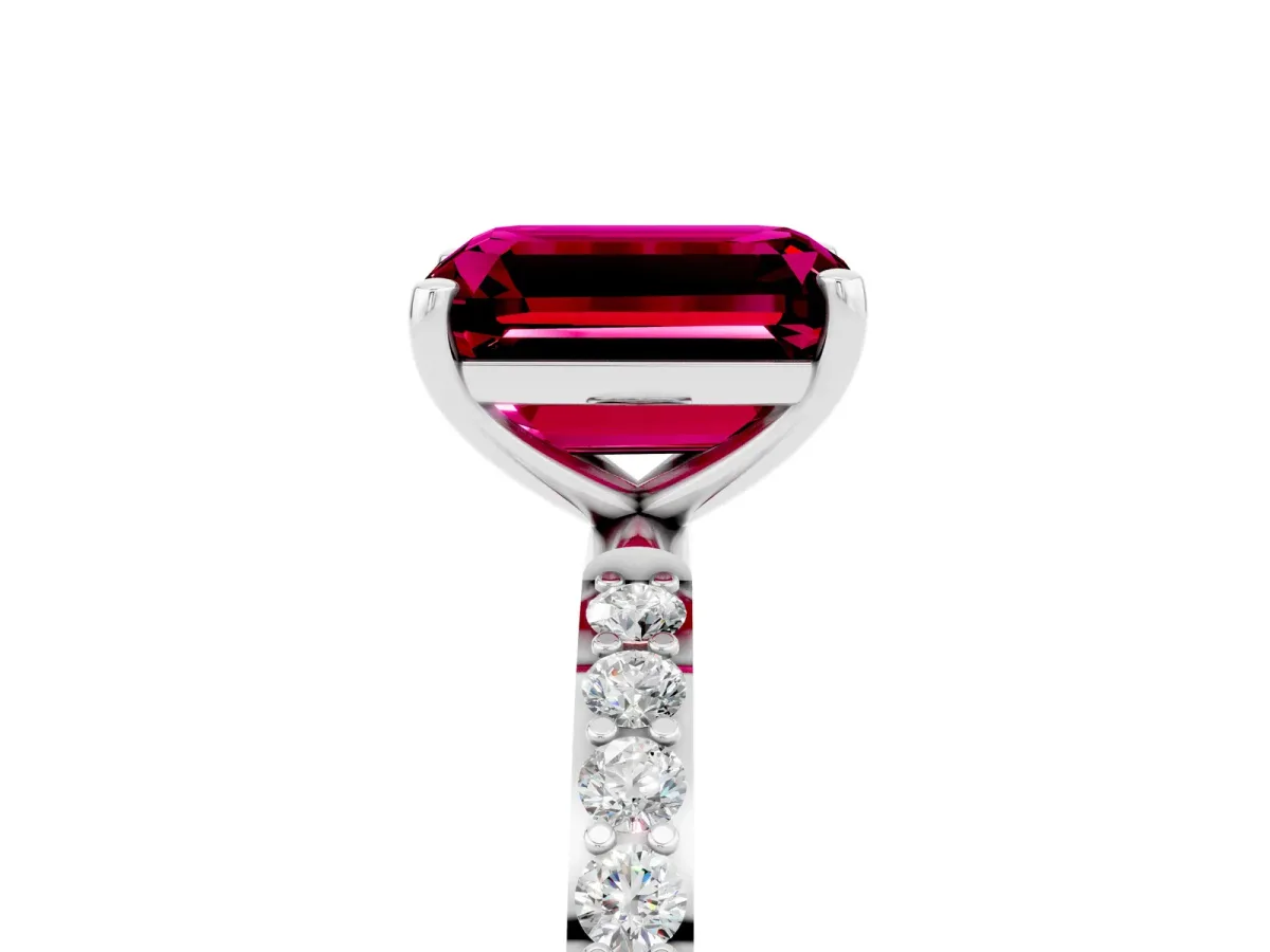 Emerald Cut Garnet Solitaire Ring with Round Pavé Band and Prong Setting Platinum