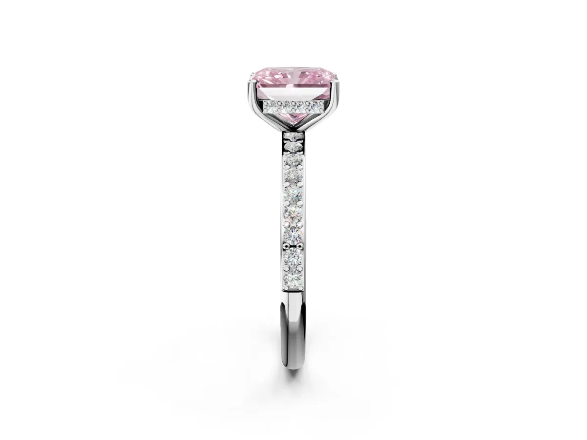Fancy Pink Radiant Cut Cut Diamond Pavé Band Ring with Four-Prong Setting Platinum