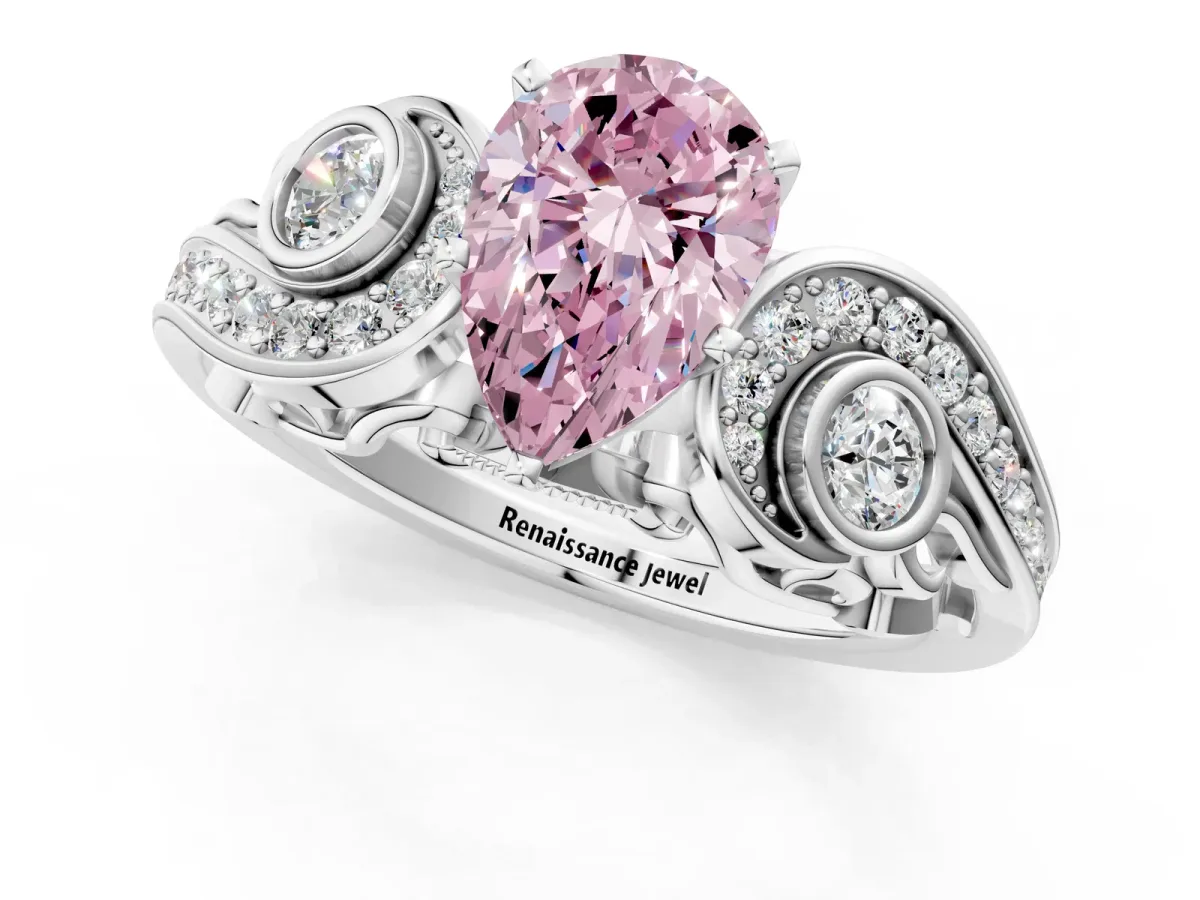 Fancy Pink Pear Cut Diamond Solitaire Ring with Milgrain Pavé Band and Four-Prong Setting Silver