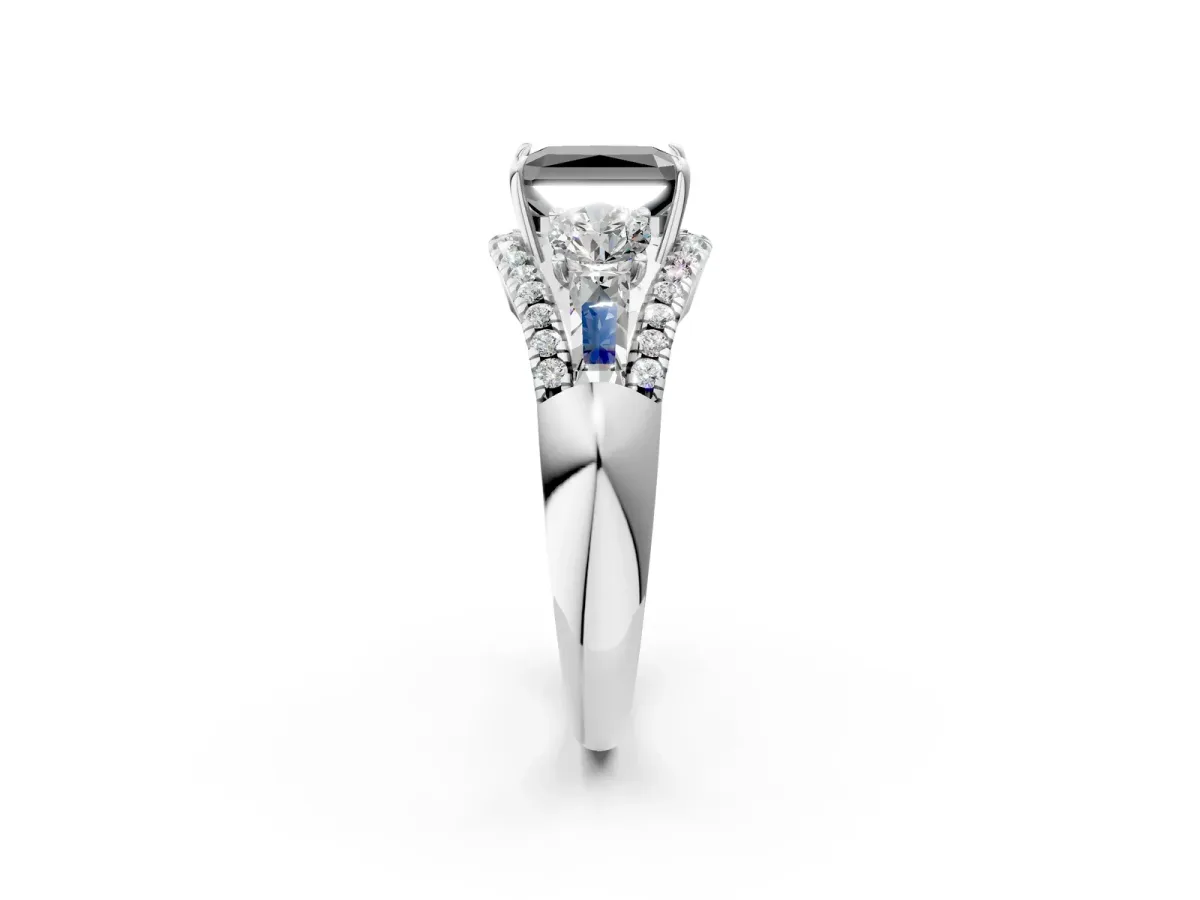 Fancy Black Three-Stone Radiant Cut Diamond Engagement Ring with Pave Band and Prong Setting Platinum
