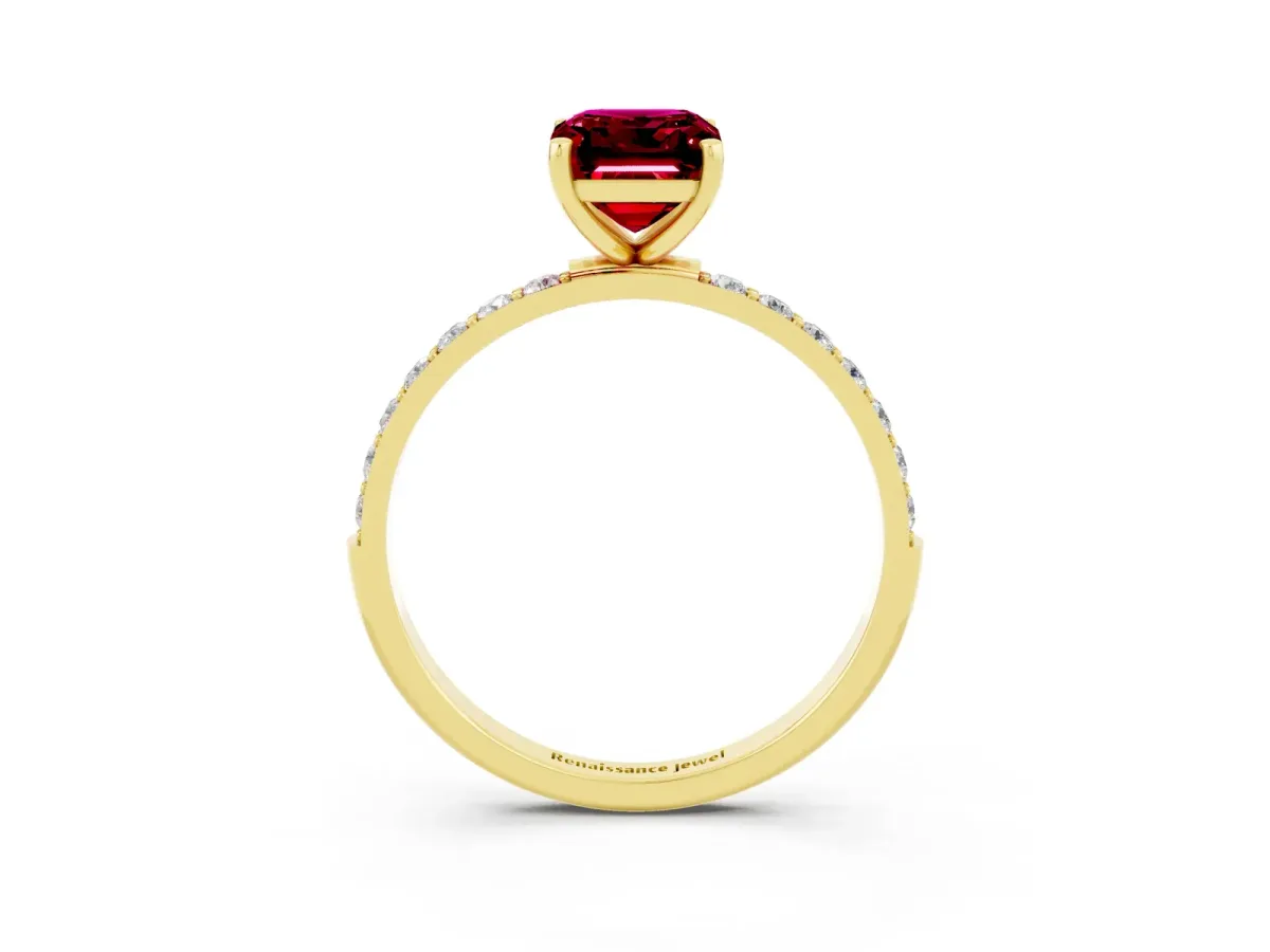 Emerald Cut Garnet Solitaire Ring with Round Pavé Band and Prong Setting Yellow gold