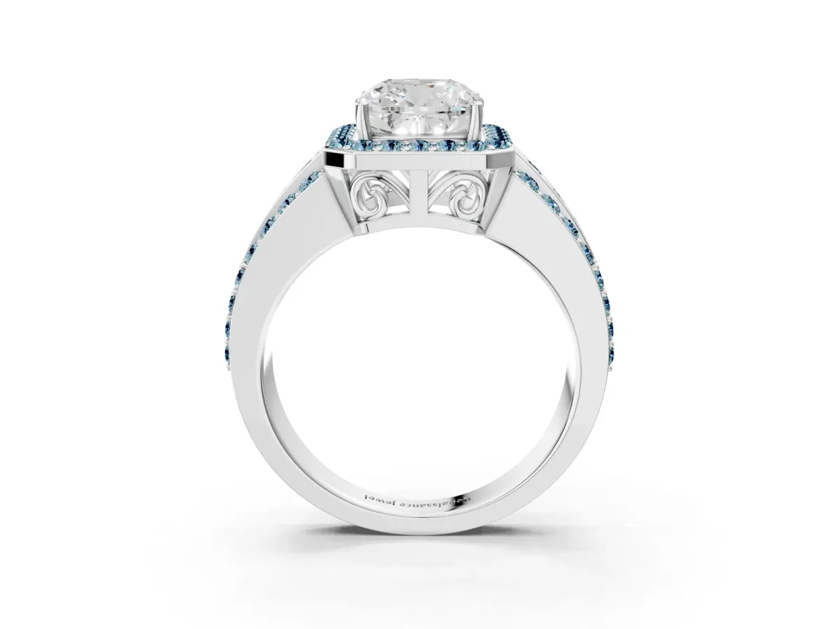 Cushion Cut Halo Diamond Ring with Round Aquamarine Split Shank and Prong Setting Silver