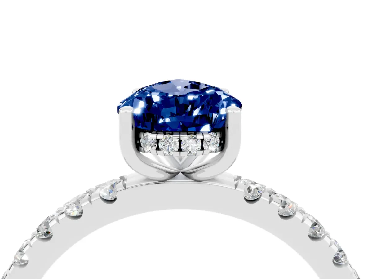 Pear Cut Blue Sapphire Pave Band Solitaire Ring with Round and Prong Setting Platinum