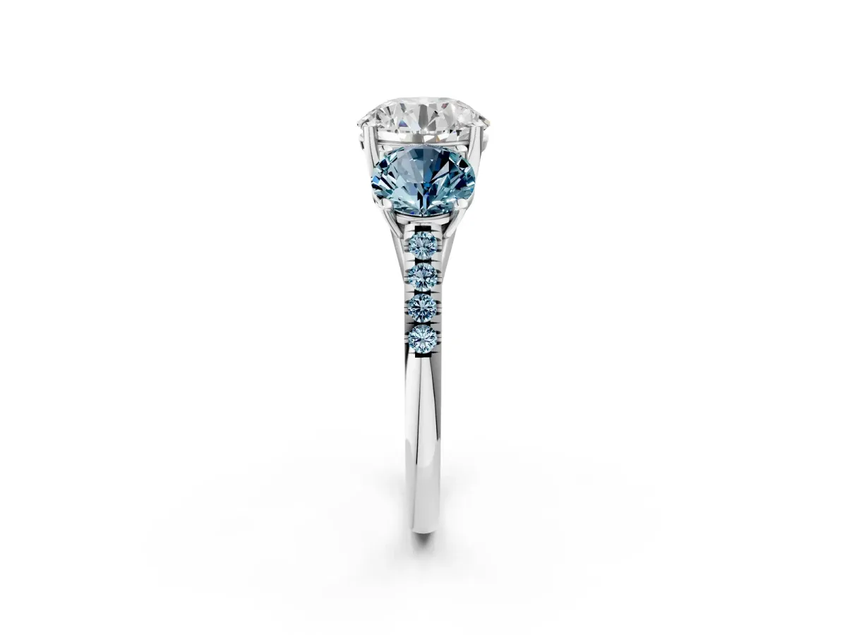 Three-Stone Round Cut Diamond Ring with Round Aquamarine Pavé Band and Prong Setting Silver
