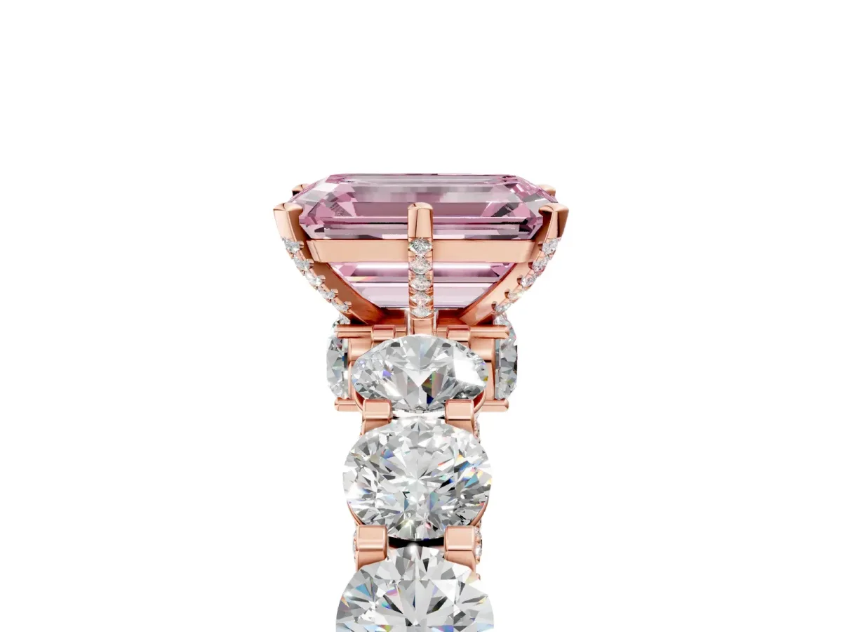 Fancy Pink Emerald Cut Diamond Side Stone Engagement Ring with Four-Prong Setting Rose gold