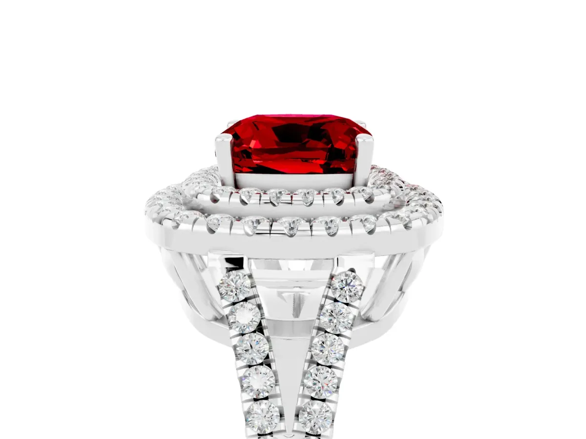 Cushion Cut Ruby Double Halo Ring with Pavé Band and Prong Setting Platinum