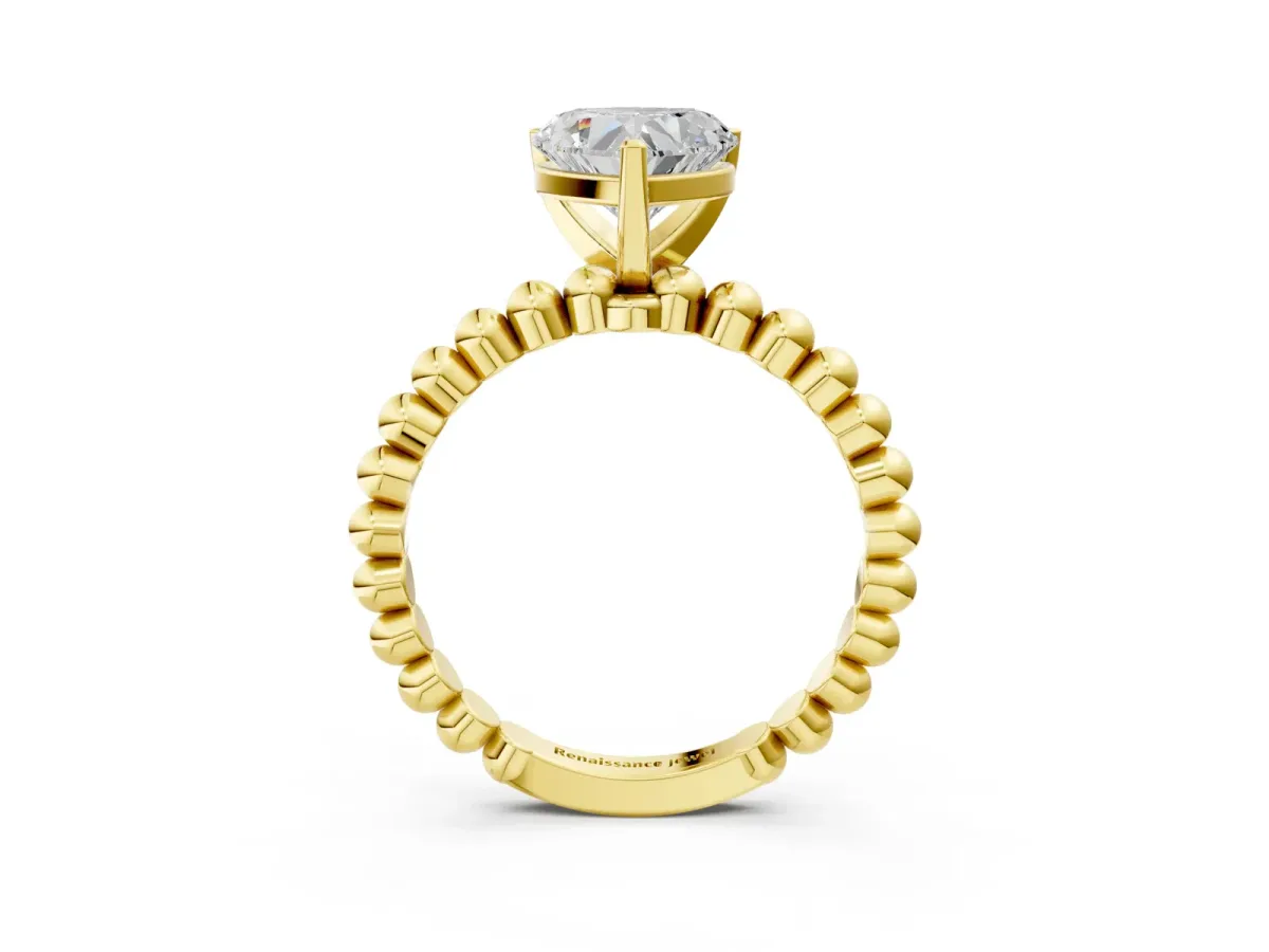 Heart Cut Diamond Solitaire Ring with Beaded Band and Prong Setting Yellow gold