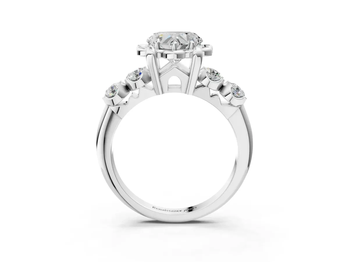 Heart Cut Cut Diamond Floral Halo Engagement Ring with Shared Prong Setting Silver