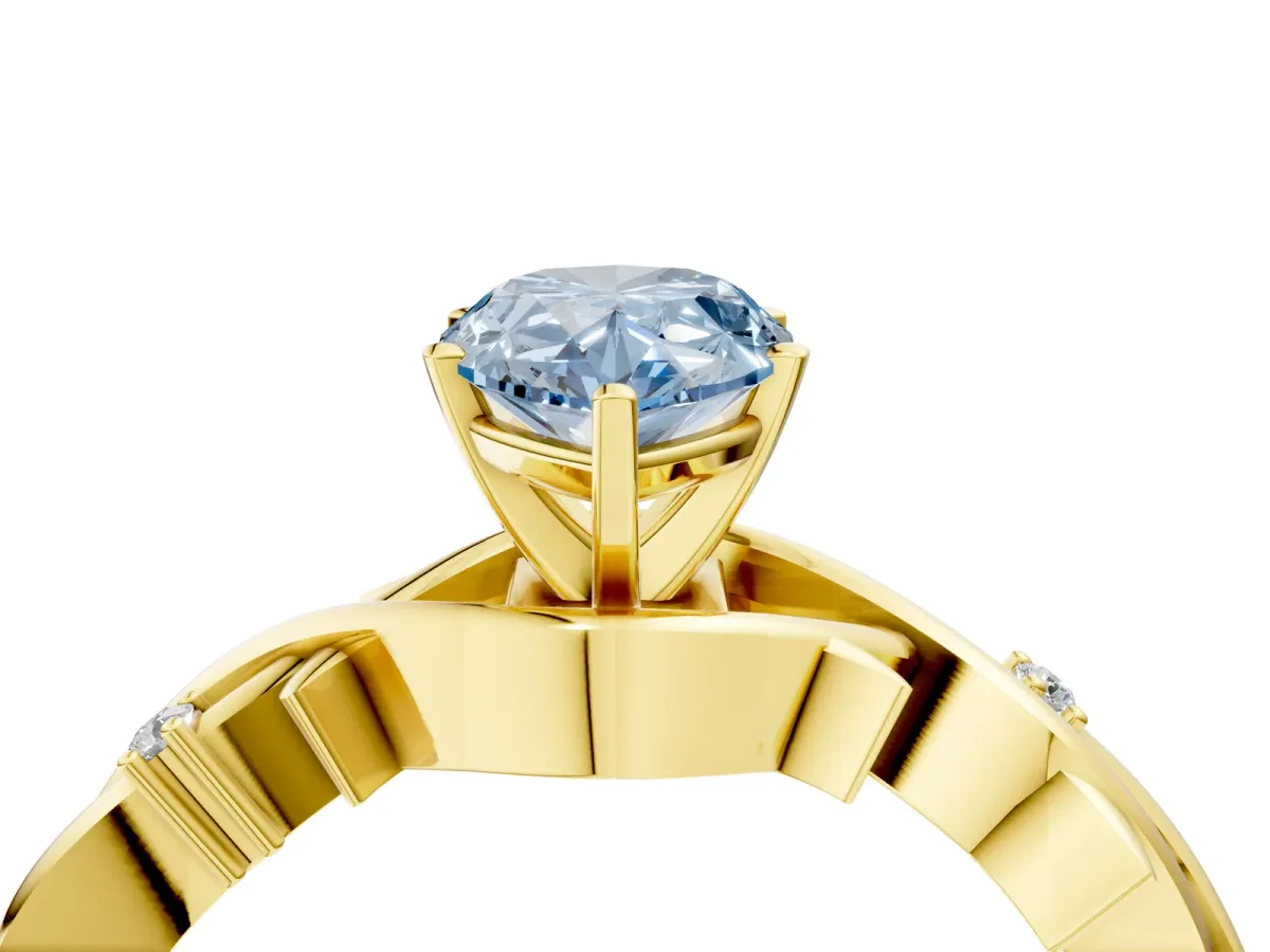 Fancy Blue Pear Cut Diamond Solitaire Ring with Twisted Band and Prong Setting Yellow gold