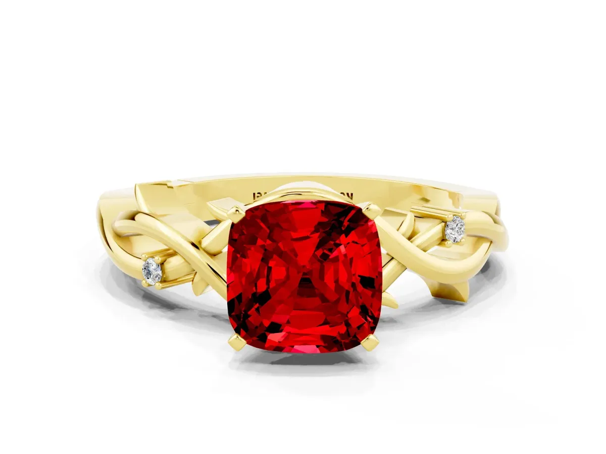 Cushion Cut Ruby Solitaire Ring with Twisted Band and Prong Setting Yellow gold