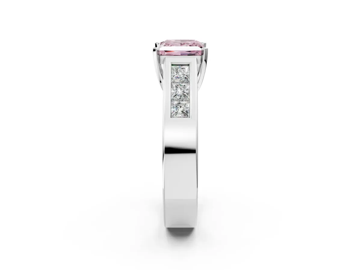Fancy Pink Princess Cut Cut Channel Set Solitaire Ring with Four-Prong Setting White gold