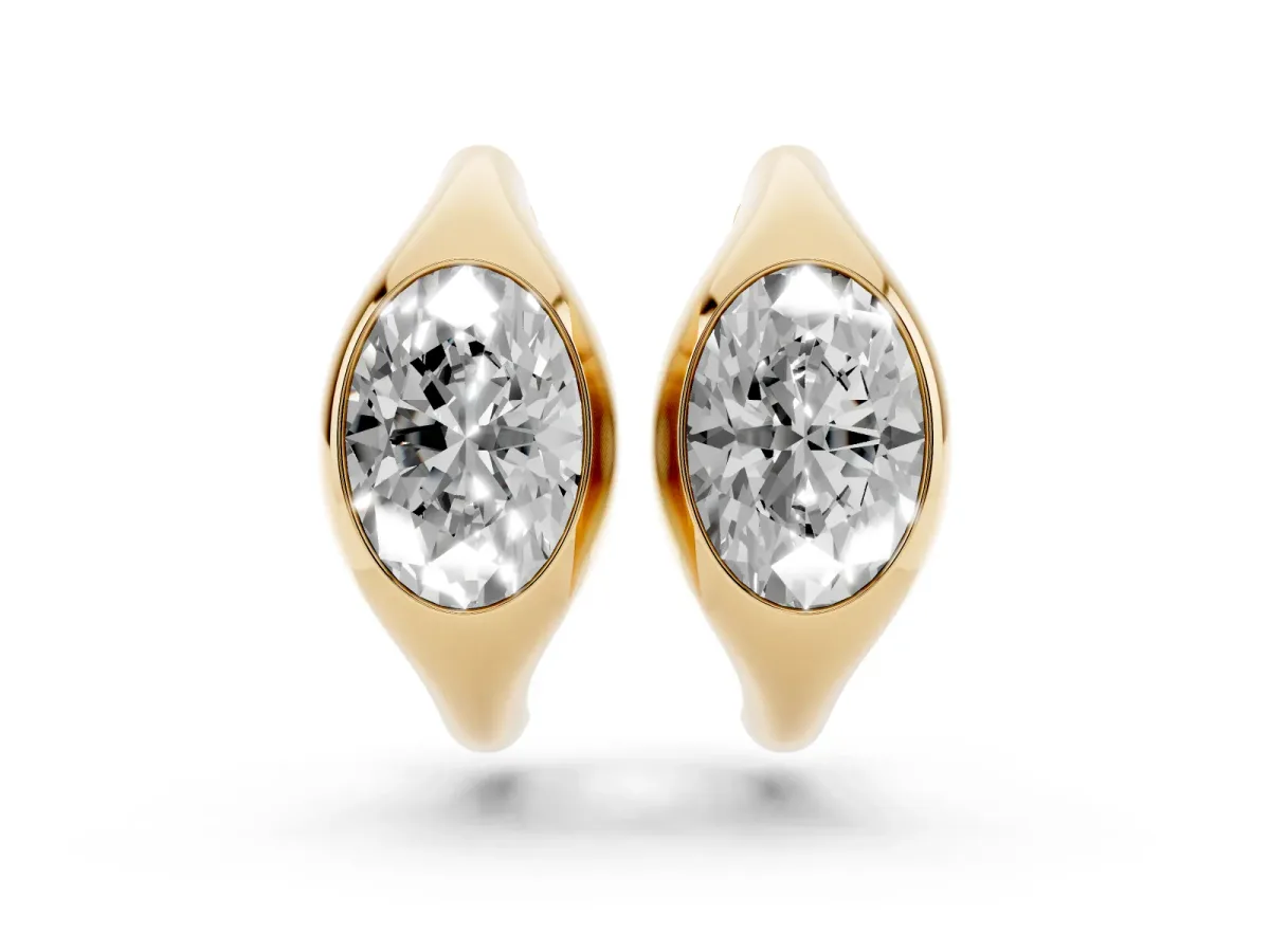 Oval Diamond Framed Huggie Hoop Earrings Yellow gold