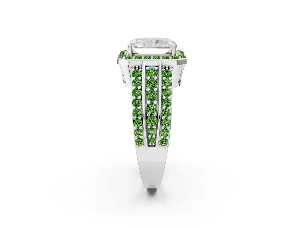 Radiant Cut Halo Diamond Ring with Round Peridot Split Shank and Prong Setting Silver