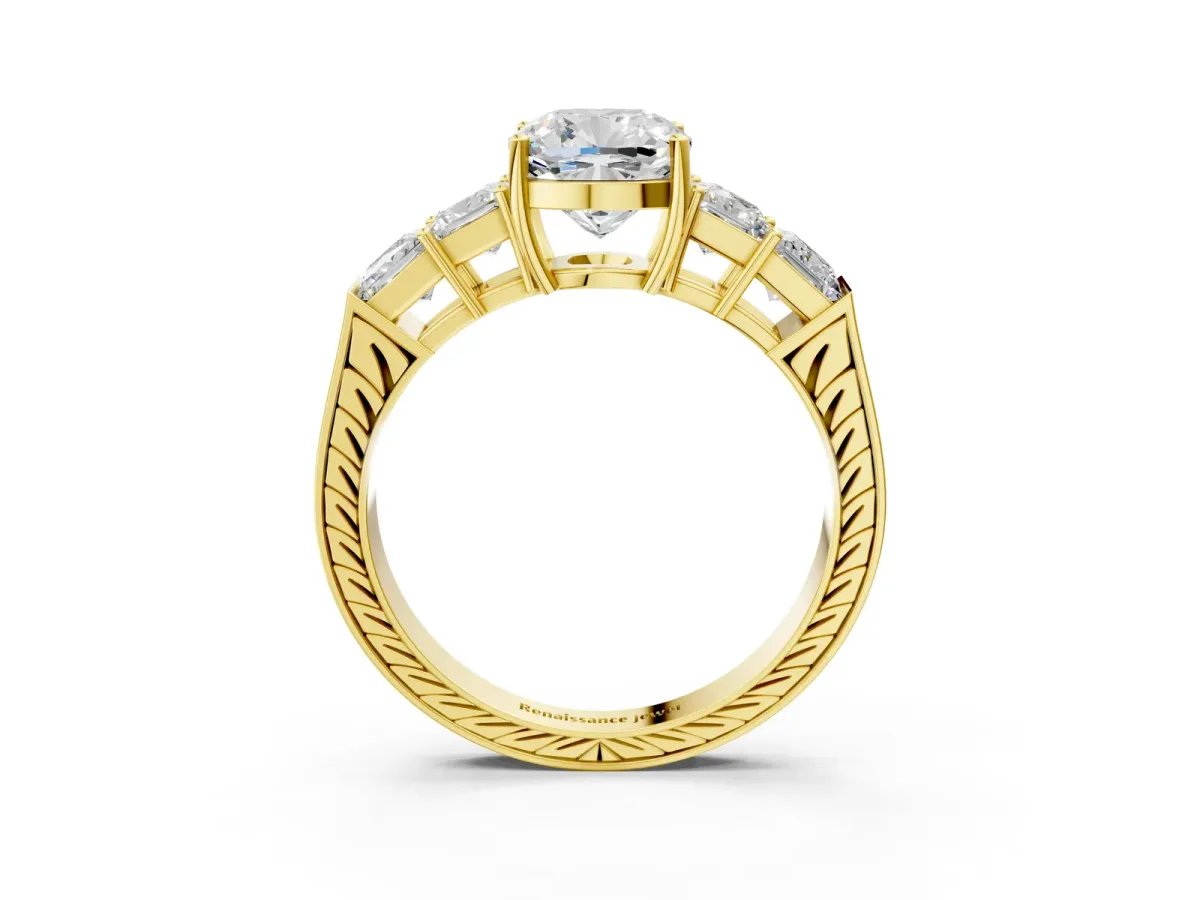 Cushion Cut Solitaire Princess Side Stone Engraved Band Prong Setting Ring Yellow gold