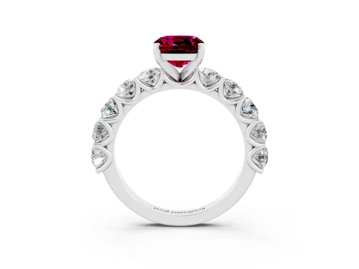 Cushion Cut Garnet Prong Setting with Side Stones on a Pave Band Platinum